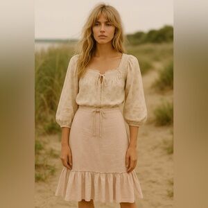 Vintage Linen Pale Pink Midi Skirt with Ruffle Hem + Adjustable Waist